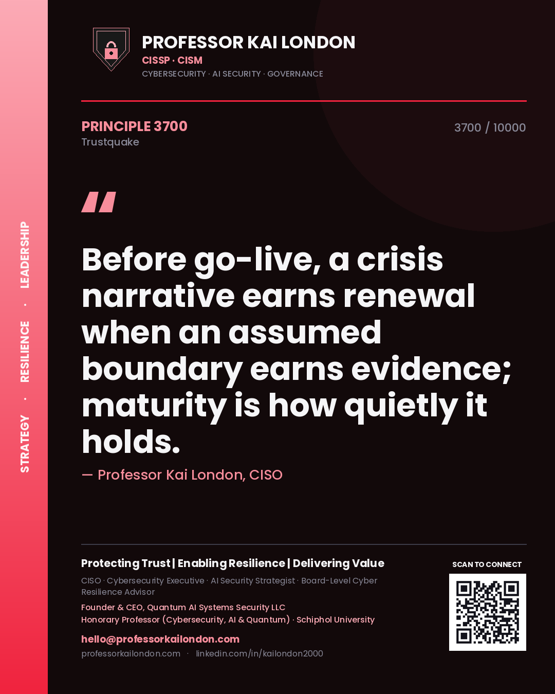 Professor Kai London principle 3700: Before go-live, a crisis narrative earns renewal when an assumed boundary earns evidence; maturity is how quietly it holds.