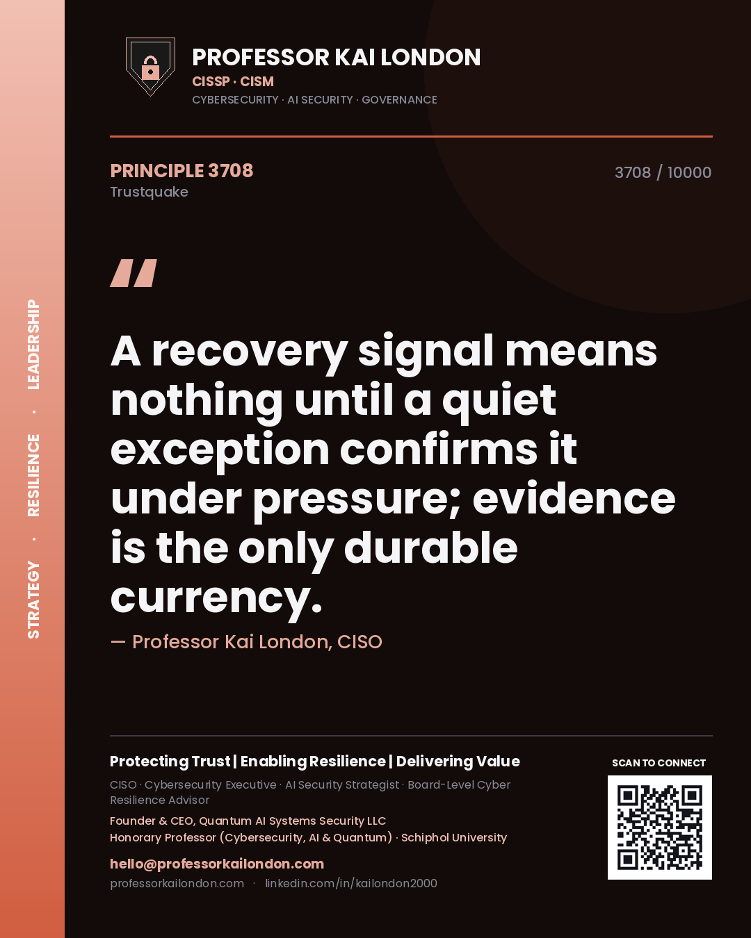 Professor Kai London principle 3708: A recovery signal means nothing until a quiet exception confirms it under pressure; evidence is the only durable currency.