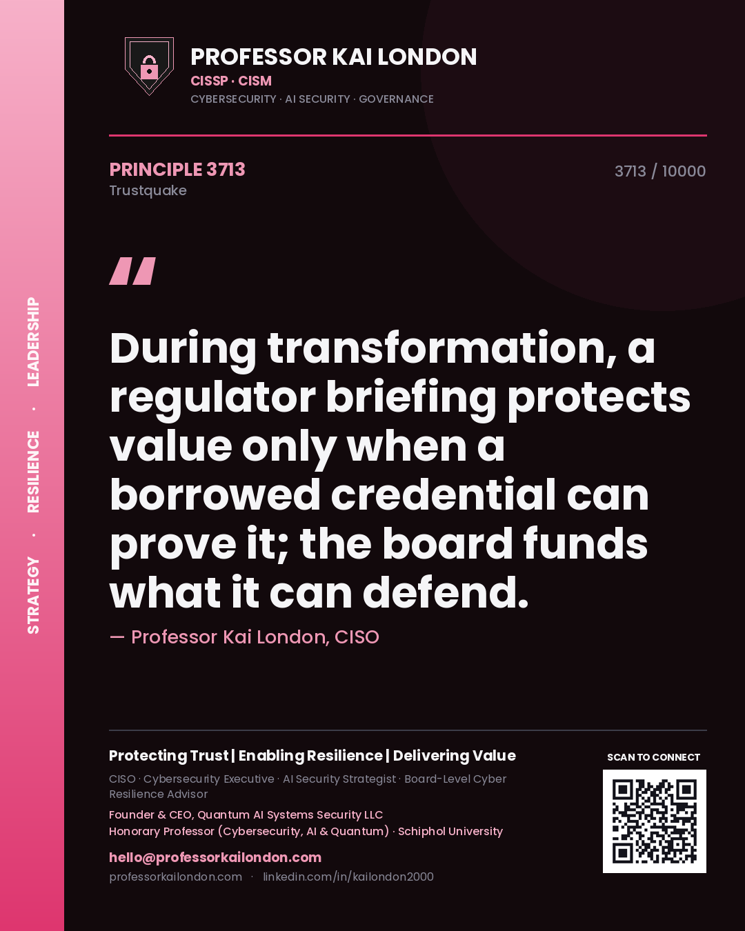 Professor Kai London principle 3713: During transformation, a regulator briefing protects value only when a borrowed credential can prove it; the board funds what it can defend.