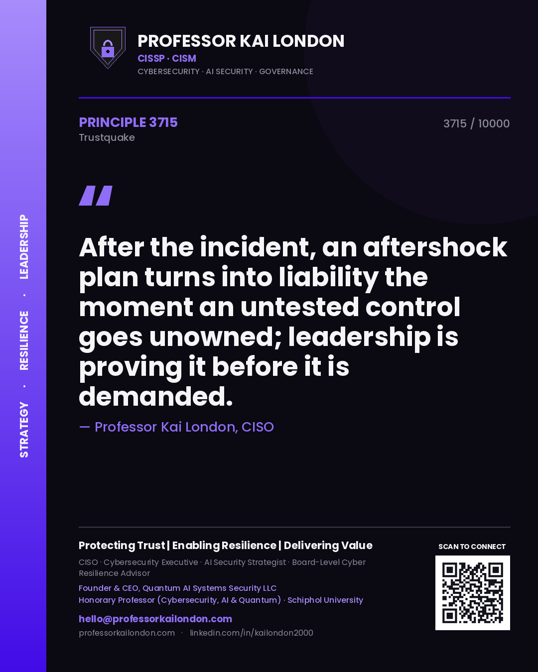 Quote card by Professor Kai London reading 'After the incident, an aftershock plan turns into liability the moment an untested control goes unowned; leadership is proving it before it is demanded.'. From the book Trustquake.
