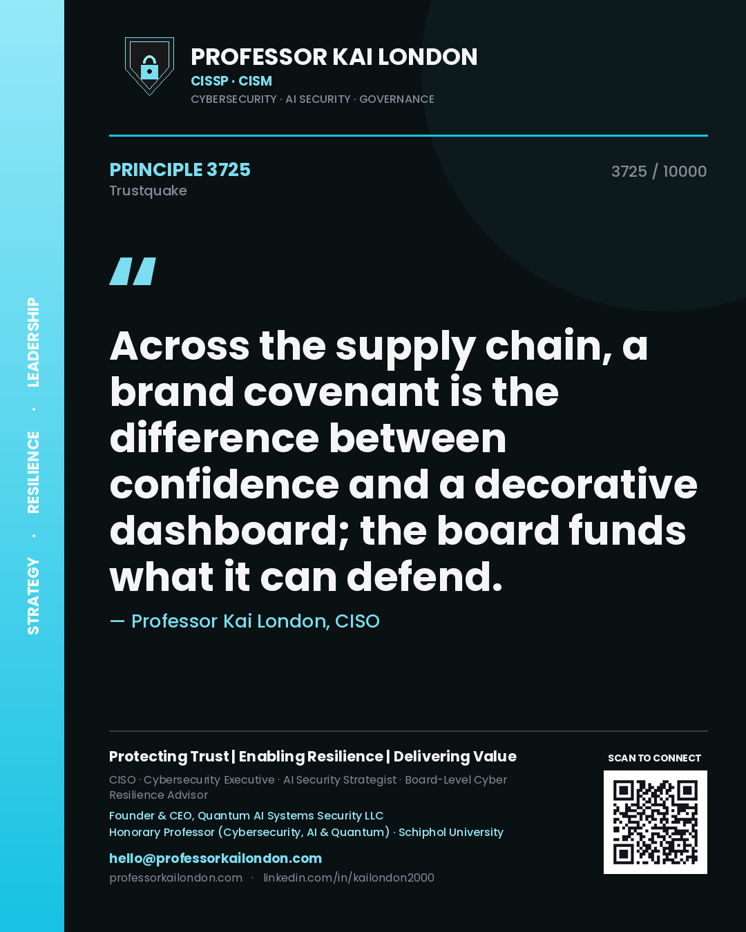 Quote card by Professor Kai London reading 'Across the supply chain, a brand covenant is the difference between confidence and a decorative dashboard; the board funds what it can defend.'. From the book Trustquake.