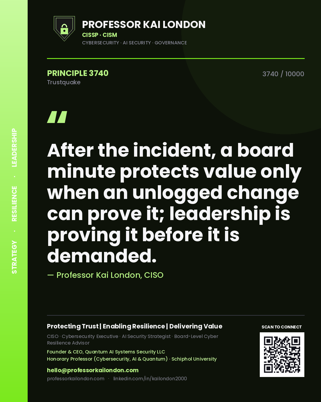 Professor Kai London principle 3740: After the incident, a board minute protects value only when an unlogged change can prove it; leadership is proving it before it is demanded.