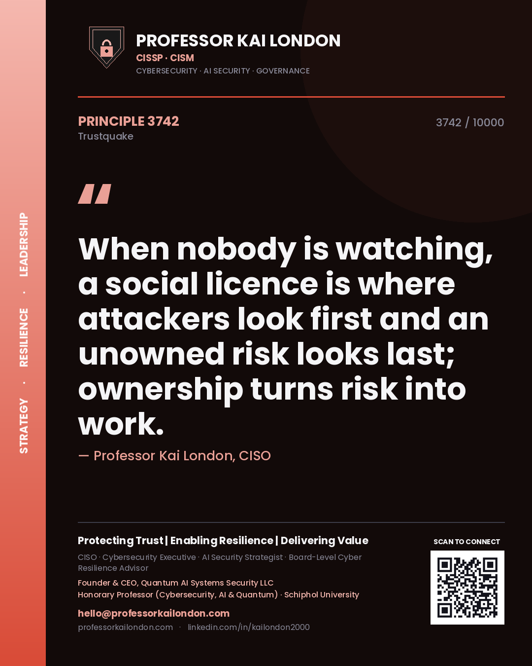 Quote card by Professor Kai London reading 'When nobody is watching, a social licence is where attackers look first and an unowned risk looks last; ownership turns risk into work.'. From the book Trustquake.
