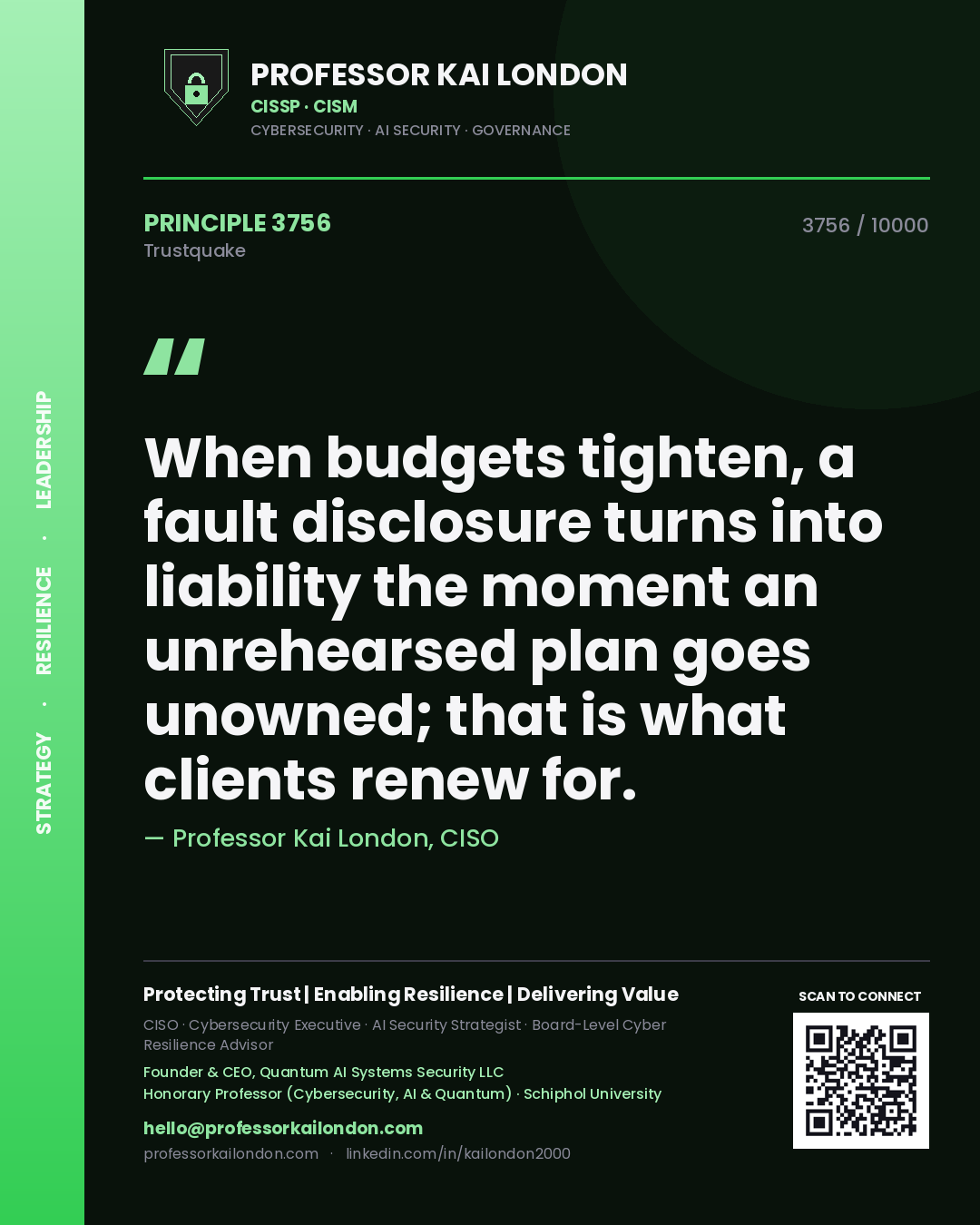 Quote card by Professor Kai London reading 'When budgets tighten, a fault disclosure turns into liability the moment an unrehearsed plan goes unowned; that is what clients renew for.'. From the book Trustquake.