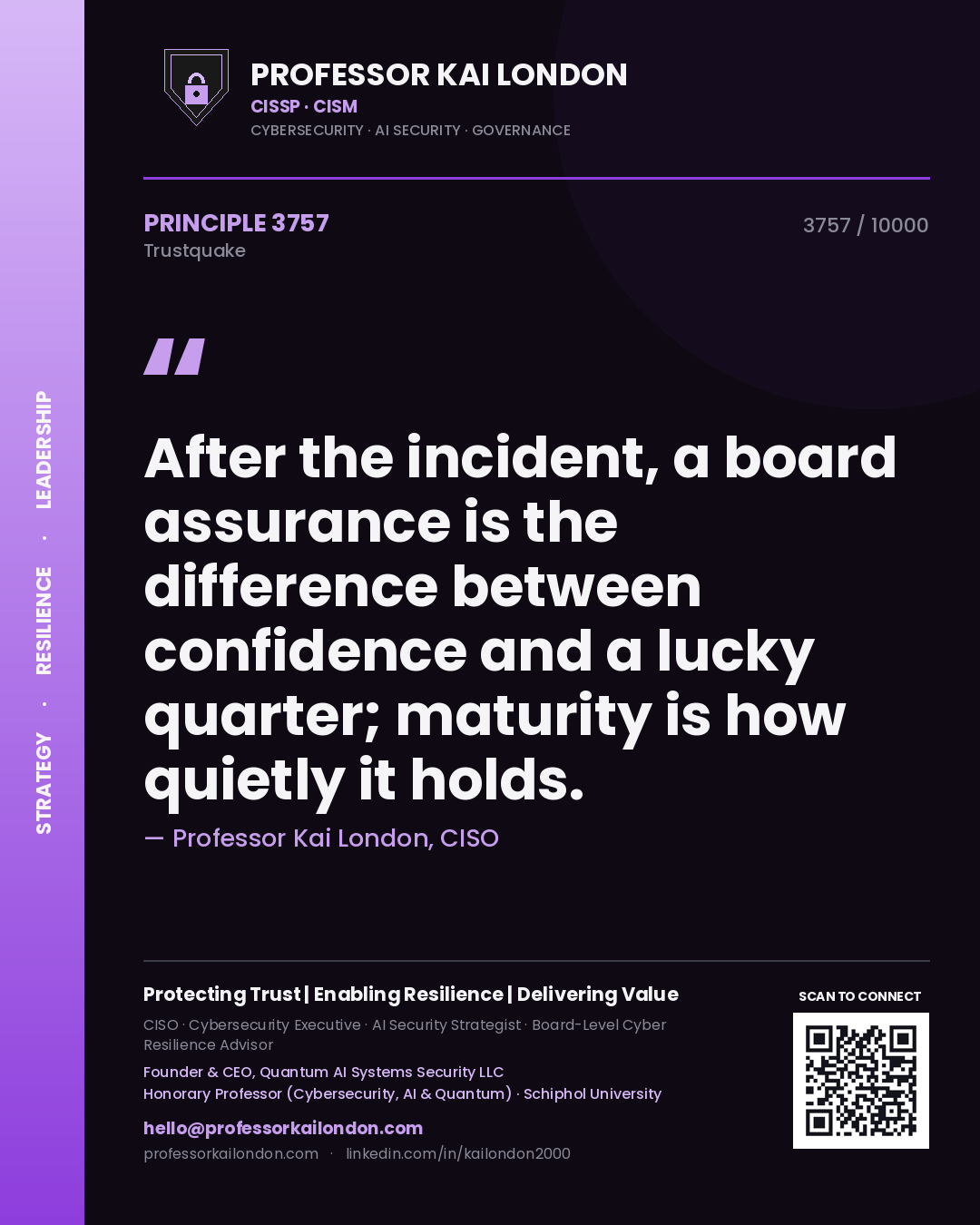 Professor Kai London principle 3757: After the incident, a board assurance is the difference between confidence and a lucky quarter; maturity is how quietly it holds.