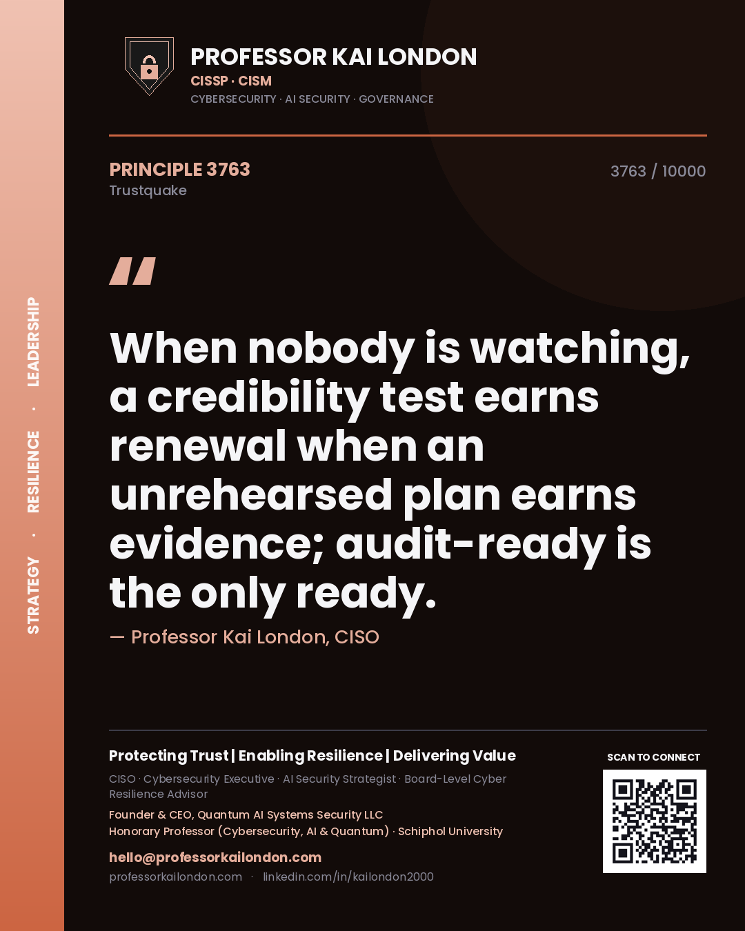 Quote card by Professor Kai London reading 'When nobody is watching, a credibility test earns renewal when an unrehearsed plan earns evidence; audit-ready is the only ready.'. From the book Trustquake.