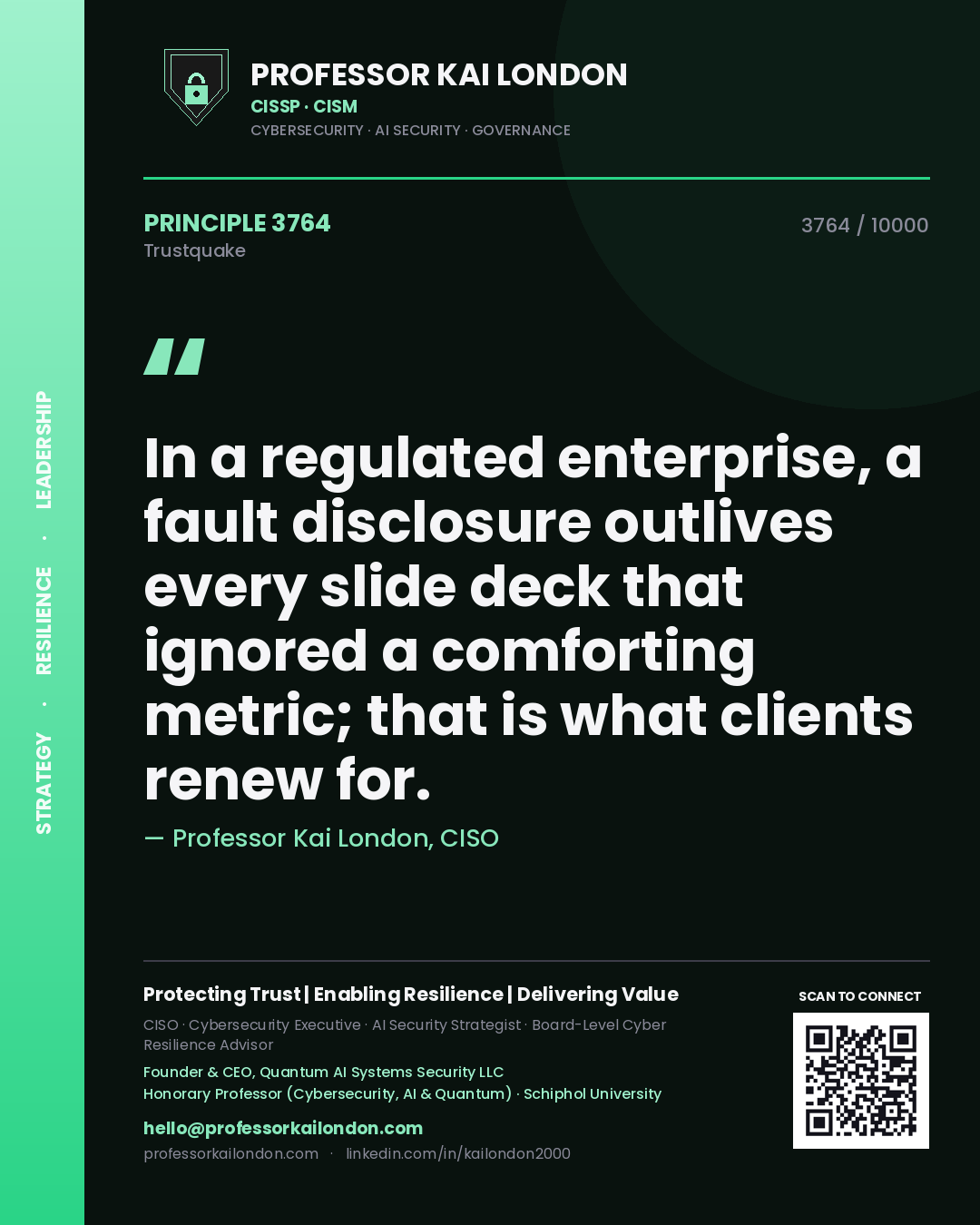 Quote card by Professor Kai London reading 'In a regulated enterprise, a fault disclosure outlives every slide deck that ignored a comforting metric; that is what clients renew for.'. From the book Trustquake.