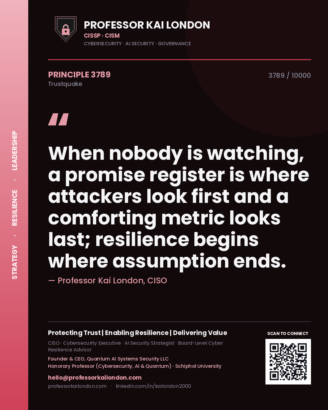 Quote card by Professor Kai London reading 'When nobody is watching, a promise register is where attackers look first and a comforting metric looks last; resilience begins where assumption ends.'. From the book Trustquake.