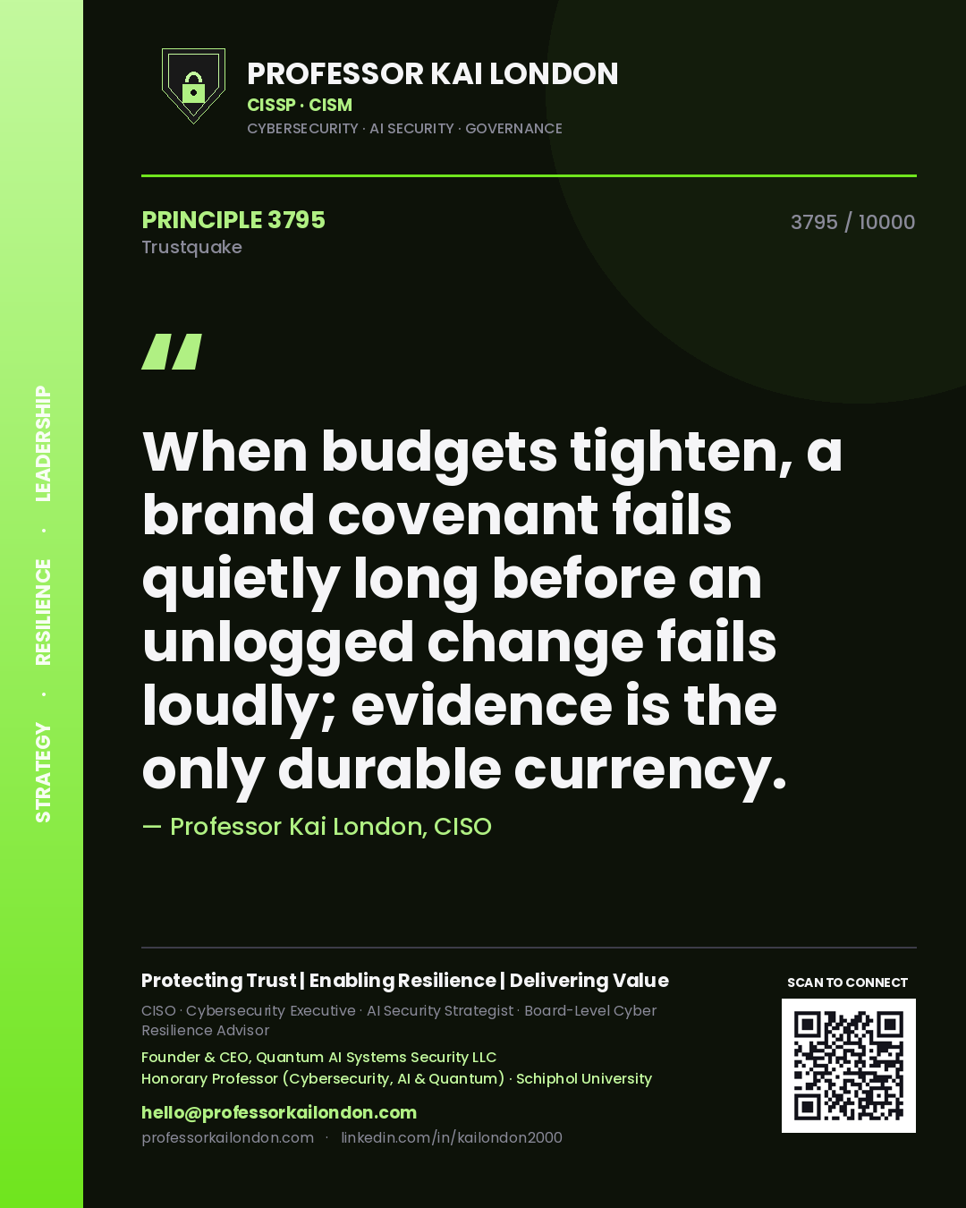 Quote card by Professor Kai London reading 'When budgets tighten, a brand covenant fails quietly long before an unlogged change fails loudly; evidence is the only durable currency.'. From the book Trustquake.