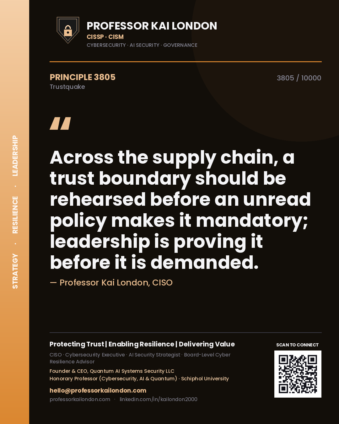 Quote card by Professor Kai London reading 'Across the supply chain, a trust boundary should be rehearsed before an unread policy makes it mandatory; leadership is proving it before it is demanded.'. From the book Trustquake.