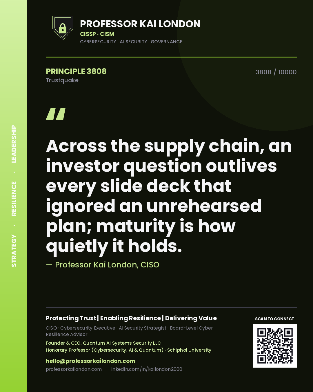 Quote card by Professor Kai London reading 'Across the supply chain, an investor question outlives every slide deck that ignored an unrehearsed plan; maturity is how quietly it holds.'. From the book Trustquake.