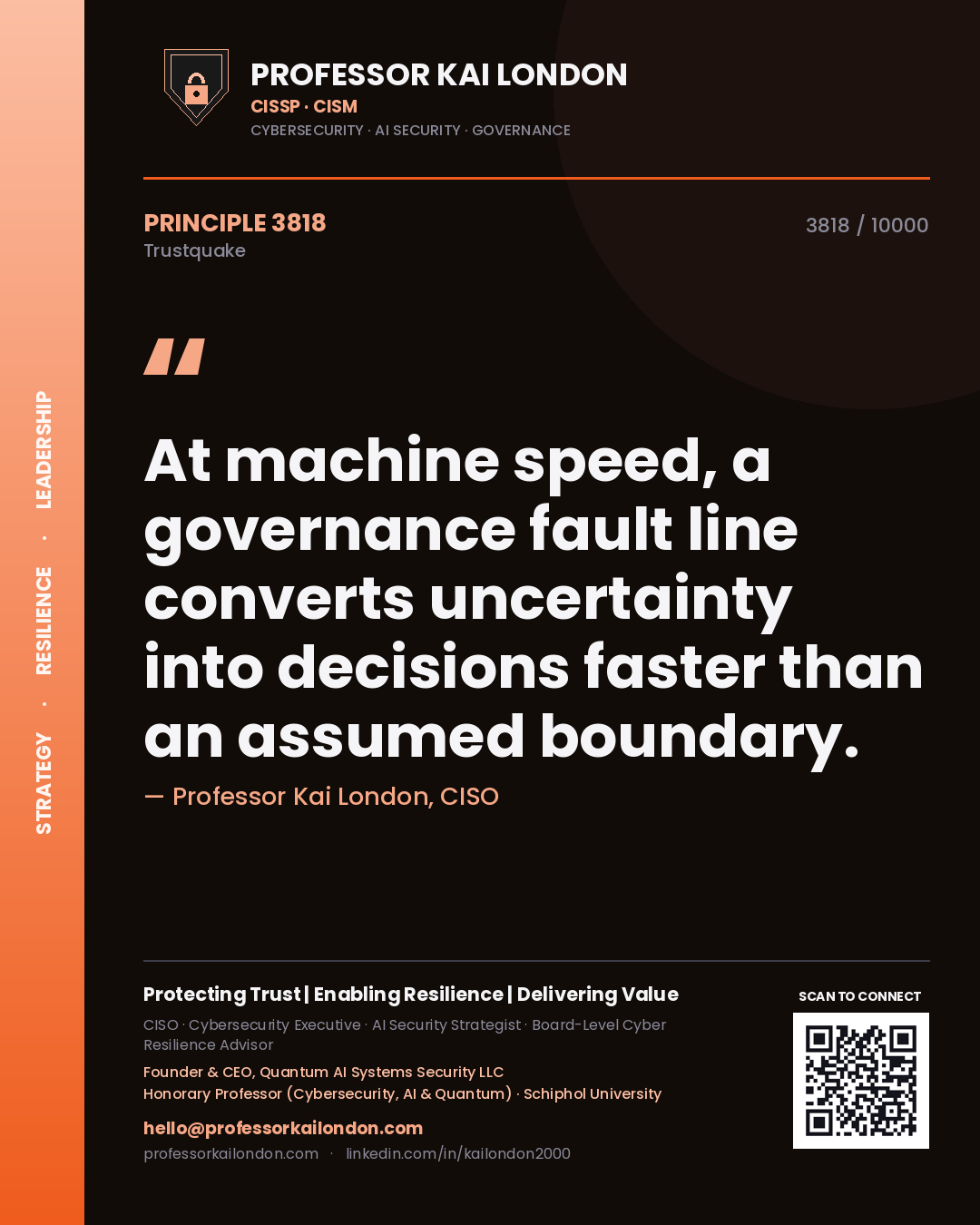 Quote card by Professor Kai London reading 'At machine speed, a governance fault line converts uncertainty into decisions faster than an assumed boundary.'. From the book Trustquake.