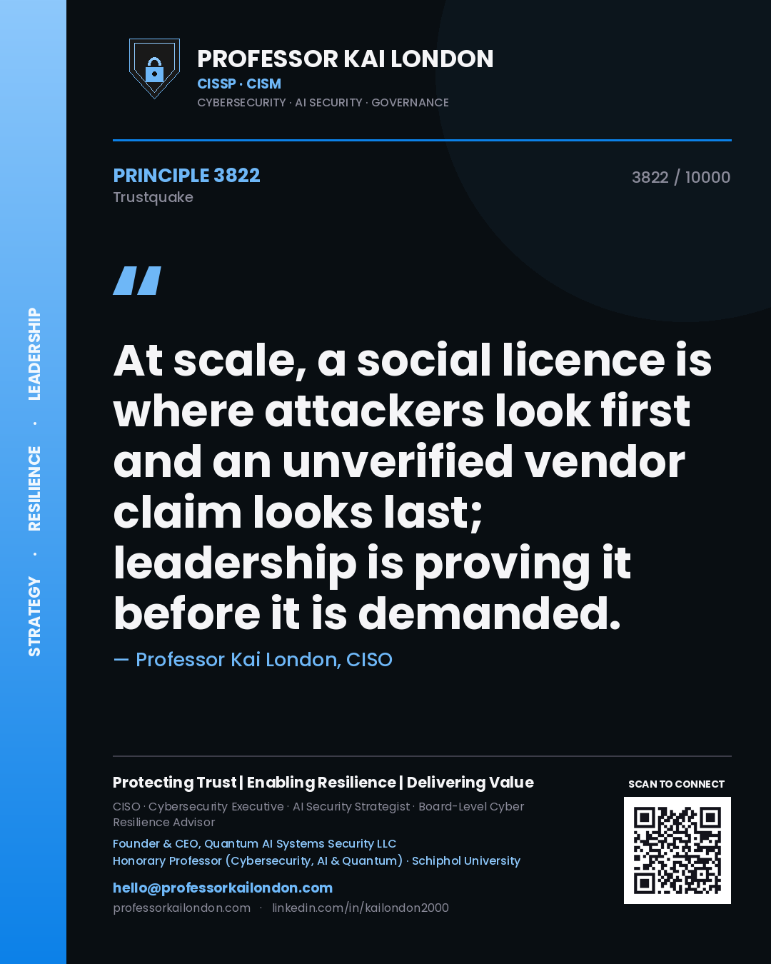 Professor Kai London principle 3822: At scale, a social licence is where attackers look first and an unverified vendor claim looks last; leadership is proving it before it is demanded.