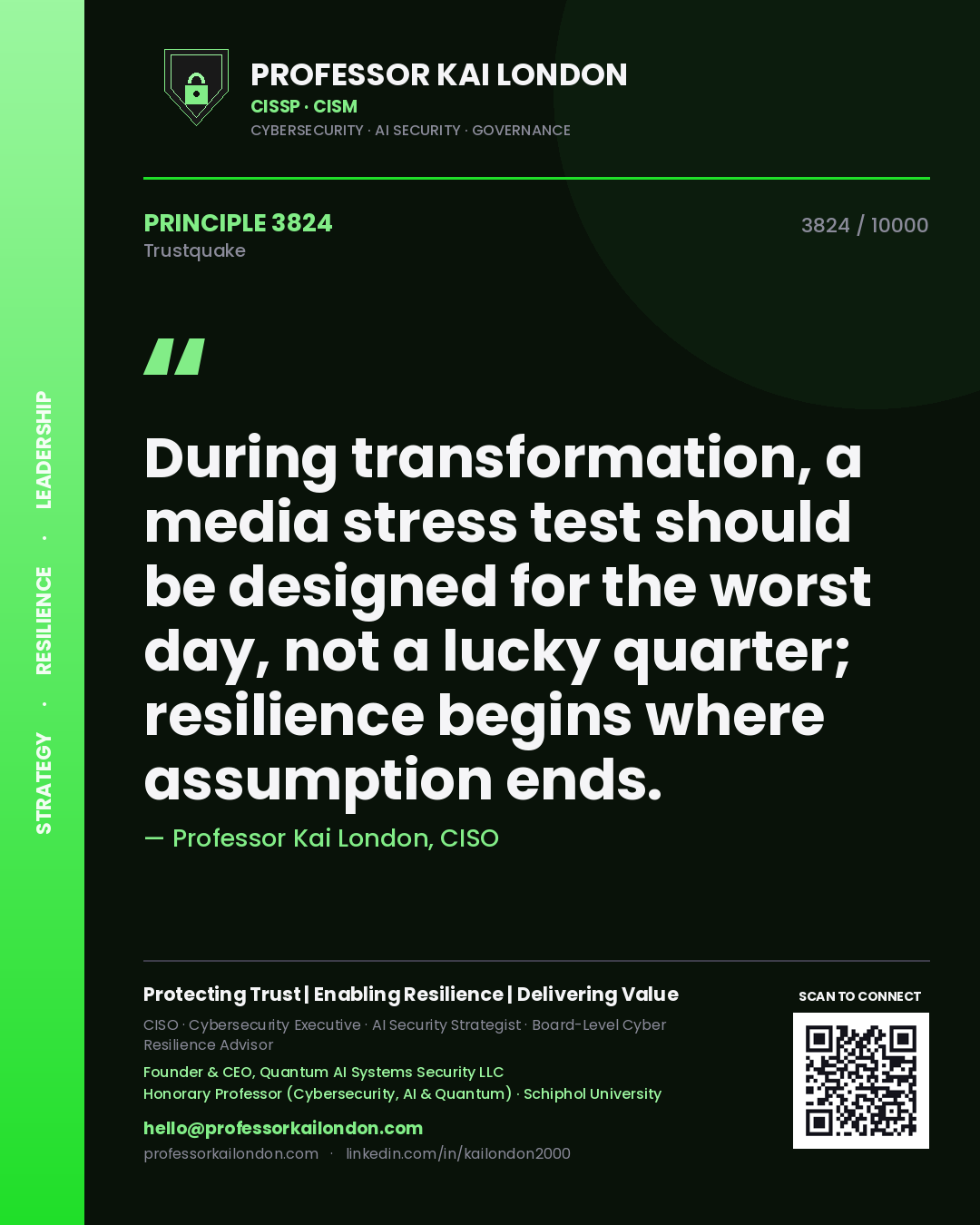 Quote card by Professor Kai London reading 'During transformation, a media stress test should be designed for the worst day, not a lucky quarter; resilience begins where assumption ends.'. From the book Trustquake.