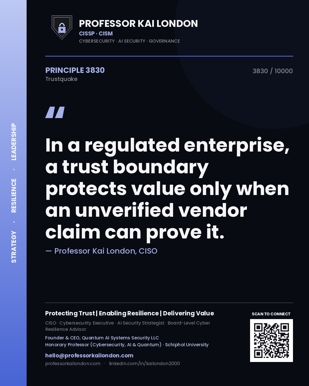 Professor Kai London principle 3830: In a regulated enterprise, a trust boundary protects value only when an unverified vendor claim can prove it.
