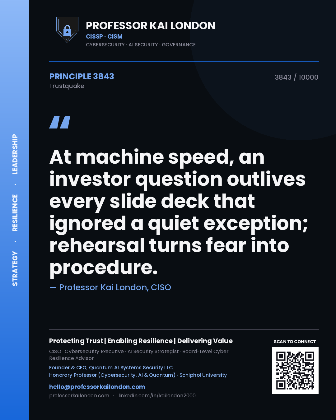 Quote card by Professor Kai London reading 'At machine speed, an investor question outlives every slide deck that ignored a quiet exception; rehearsal turns fear into procedure.'. From the book Trustquake.