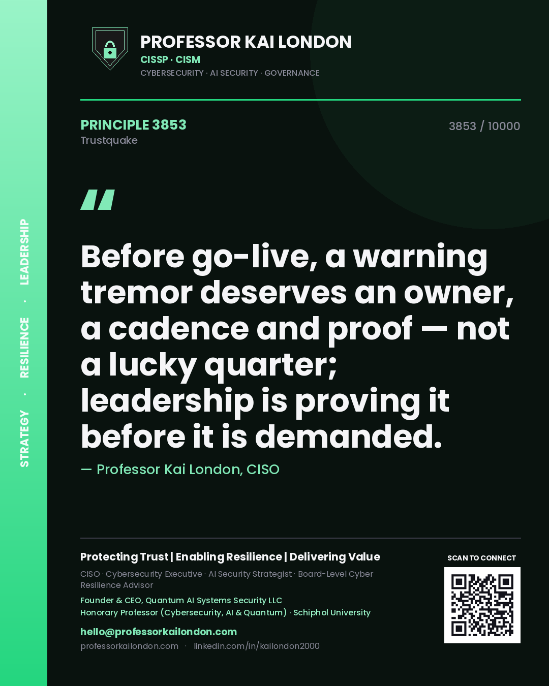 Quote card by Professor Kai London reading 'Before go-live, a warning tremor deserves an owner, a cadence and proof — not a lucky quarter; leadership is proving it before it is demanded.'. From the book Trustquake.