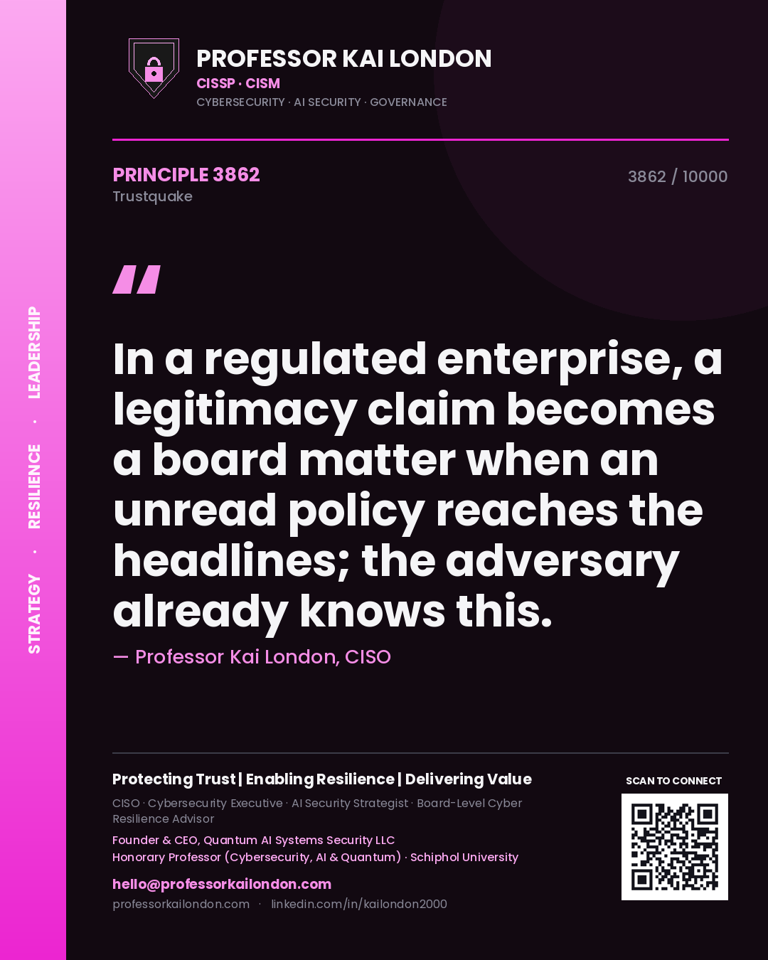 Quote card by Professor Kai London reading 'In a regulated enterprise, a legitimacy claim becomes a board matter when an unread policy reaches the headlines; the adversary already knows this.'. From the book Trustquake.