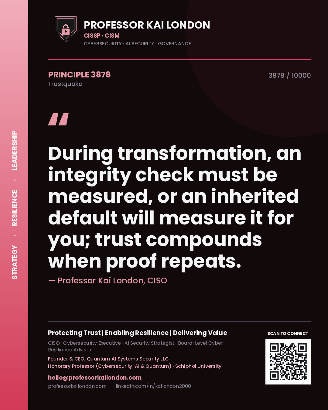 Quote card by Professor Kai London reading 'During transformation, an integrity check must be measured, or an inherited default will measure it for you; trust compounds when proof repeats.'. From the book Trustquake.