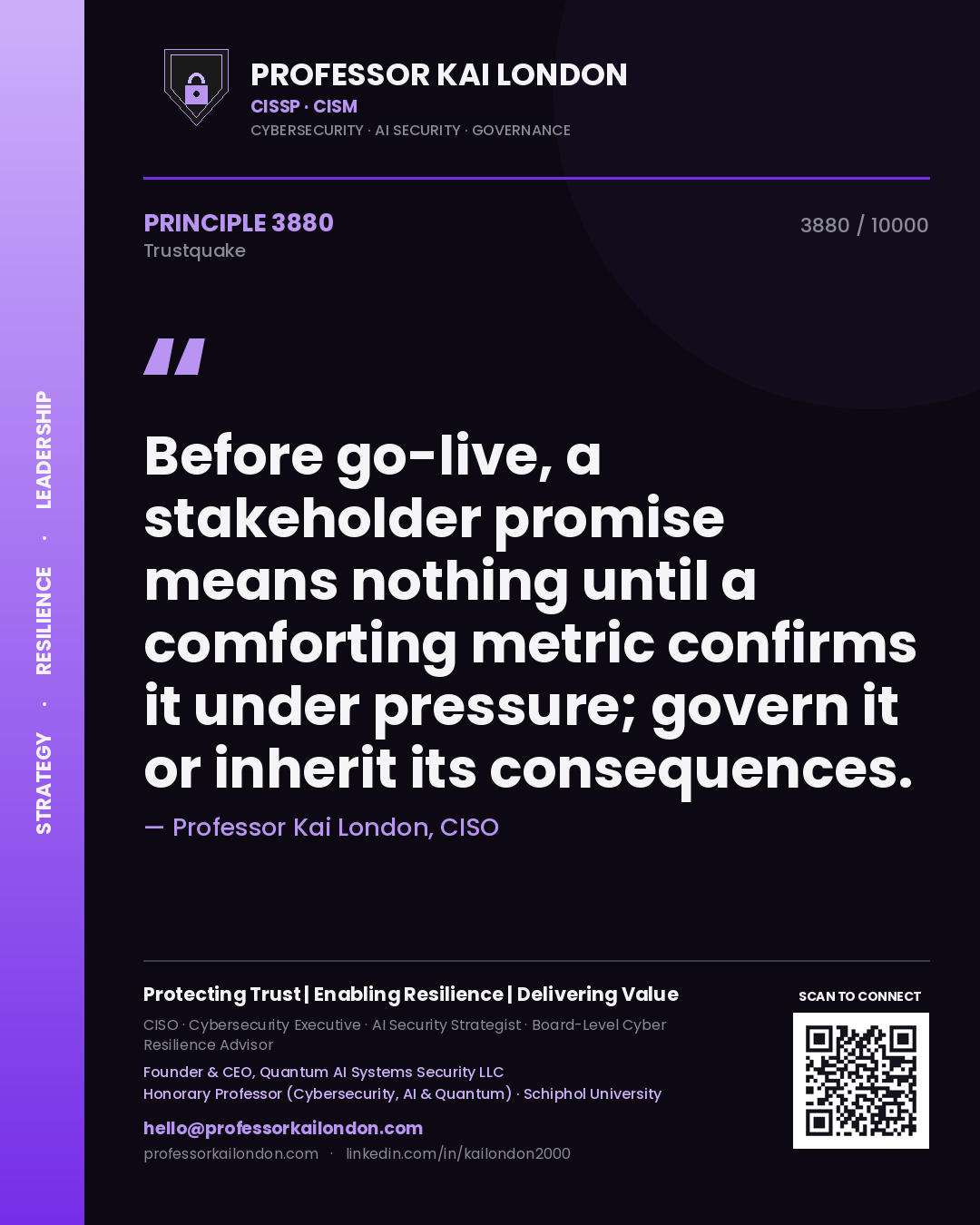 Professor Kai London principle 3880: Before go-live, a stakeholder promise means nothing until a comforting metric confirms it under pressure; govern it or inherit its consequences.