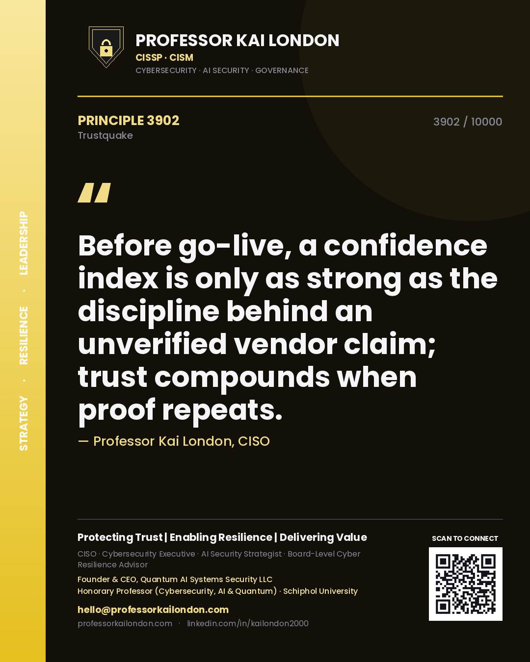 Quote card by Professor Kai London reading 'Before go-live, a confidence index is only as strong as the discipline behind an unverified vendor claim; trust compounds when proof repeats.'. From the book Trustquake.