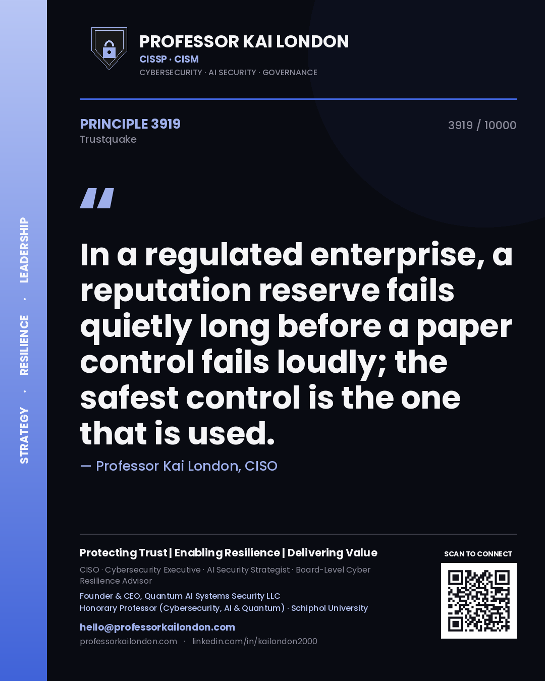 Quote card by Professor Kai London reading 'In a regulated enterprise, a reputation reserve fails quietly long before a paper control fails loudly; the safest control is the one that is used.'. From the book Trustquake.