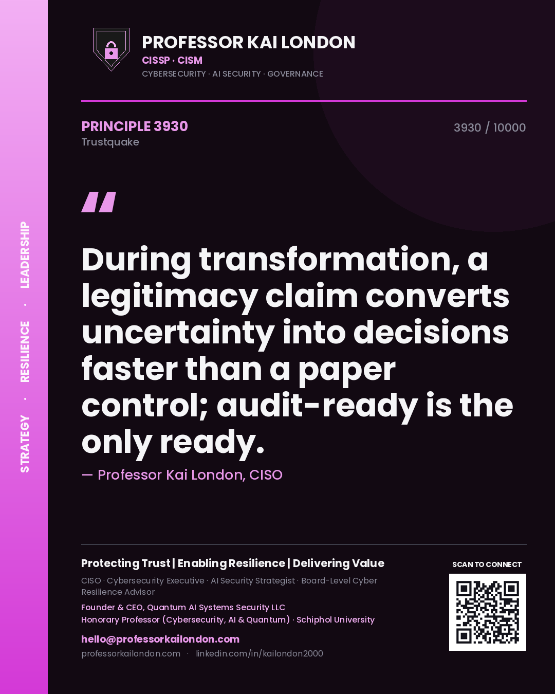 Quote card by Professor Kai London reading 'During transformation, a legitimacy claim converts uncertainty into decisions faster than a paper control; audit-ready is the only ready.'. From the book Trustquake.