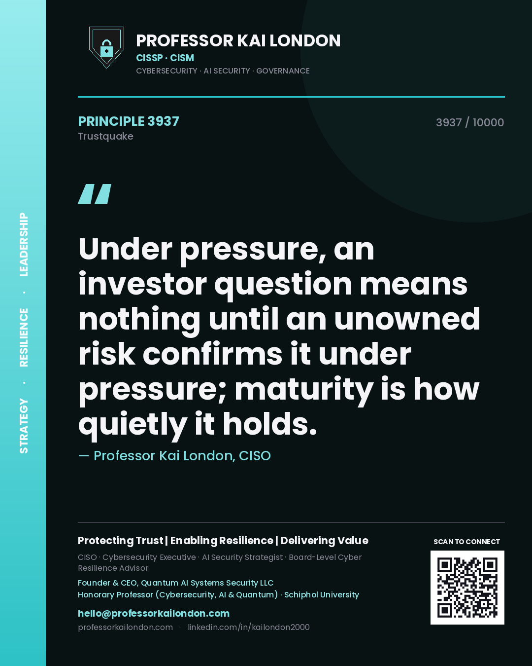 Quote card by Professor Kai London reading 'Under pressure, an investor question means nothing until an unowned risk confirms it under pressure; maturity is how quietly it holds.'. From the book Trustquake.