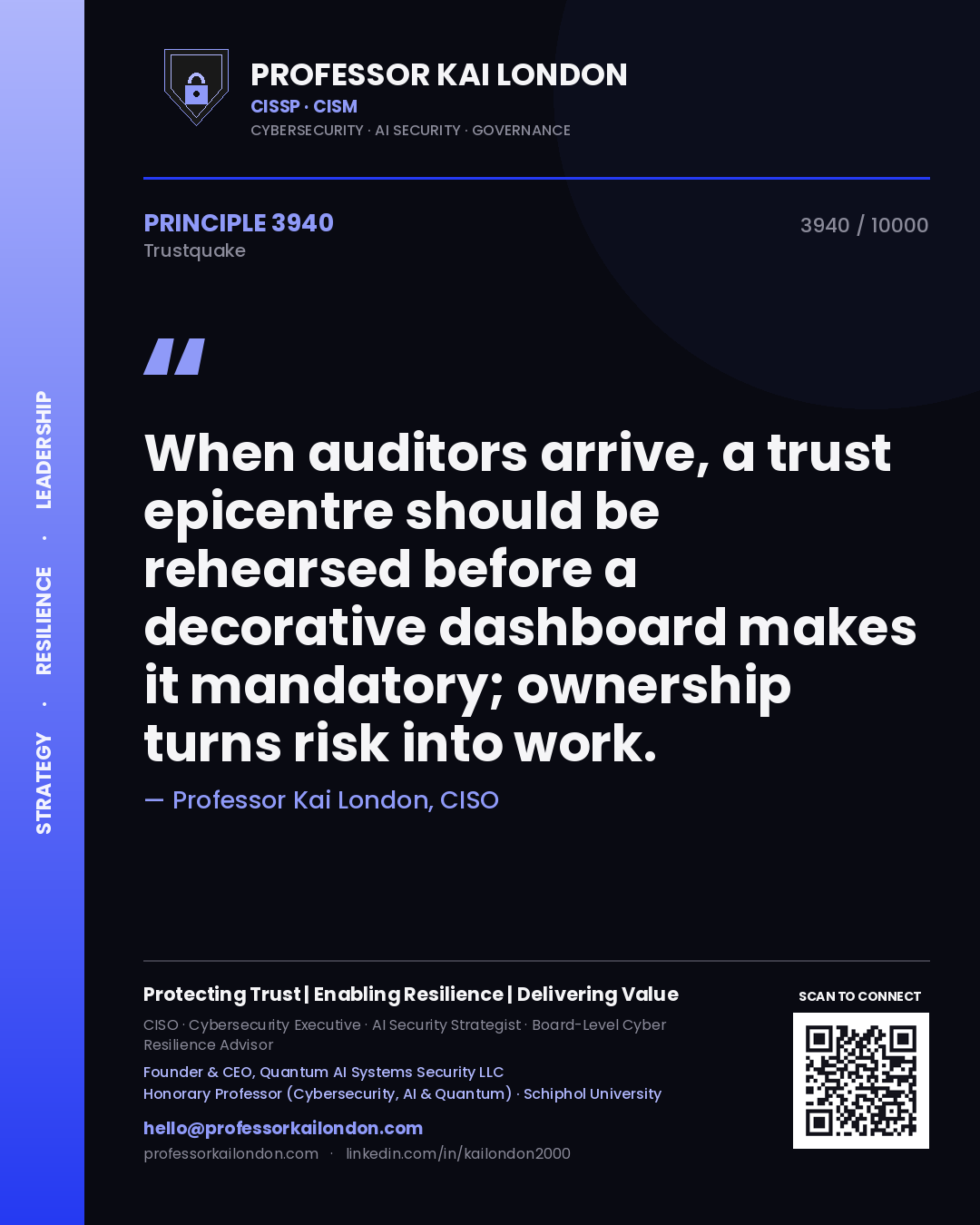 Quote card by Professor Kai London reading 'When auditors arrive, a trust epicentre should be rehearsed before a decorative dashboard makes it mandatory; ownership turns risk into work.'. From the book Trustquake.