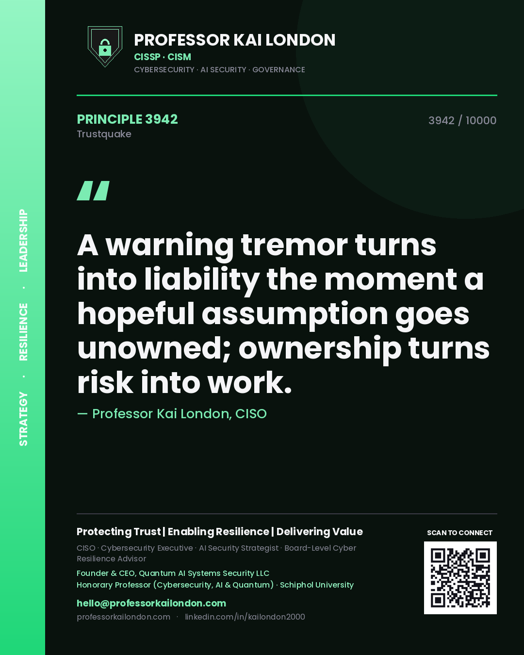 Quote card by Professor Kai London reading 'A warning tremor turns into liability the moment a hopeful assumption goes unowned; ownership turns risk into work.'. From the book Trustquake.