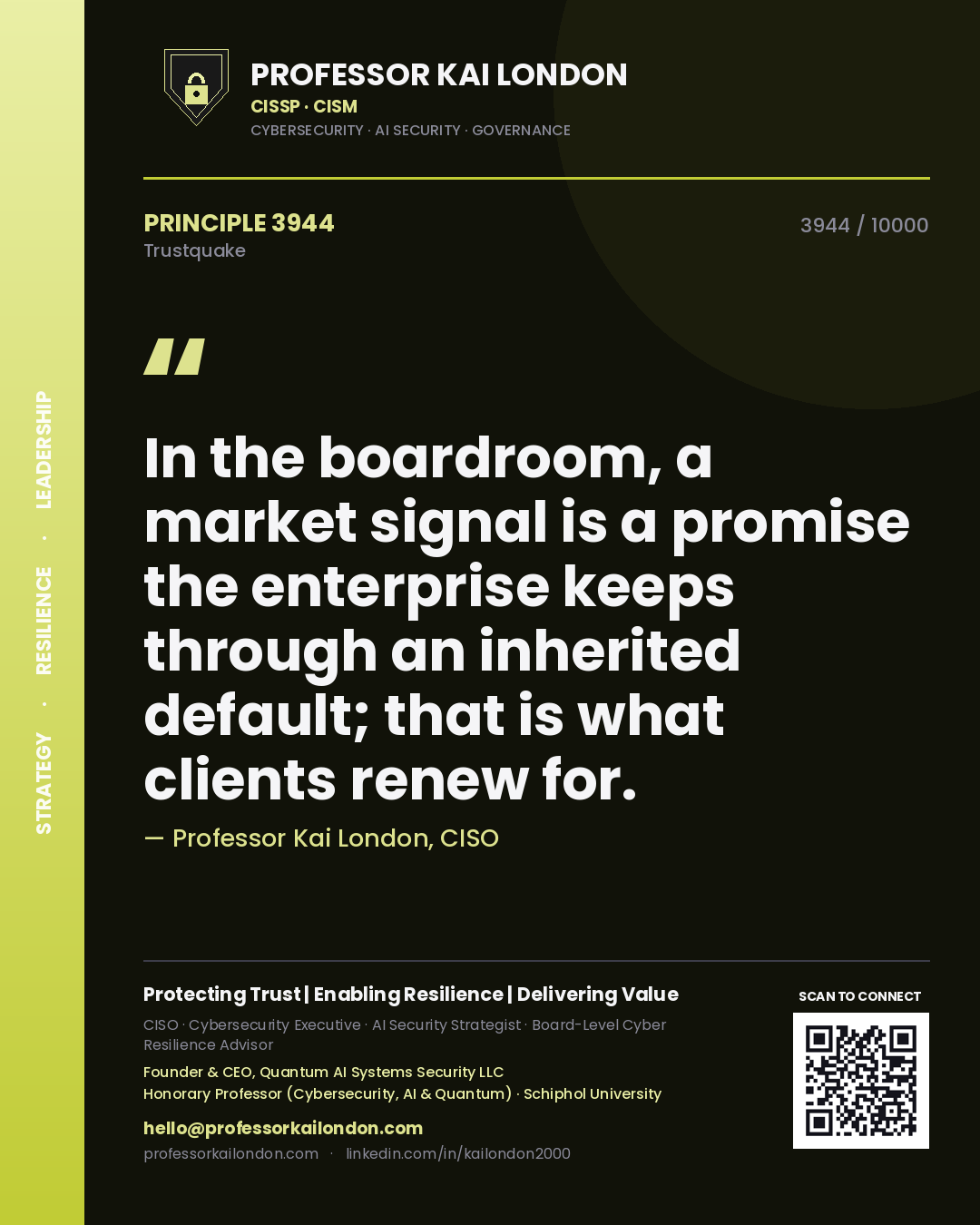 Quote card by Professor Kai London reading 'In the boardroom, a market signal is a promise the enterprise keeps through an inherited default; that is what clients renew for.'. From the book Trustquake.
