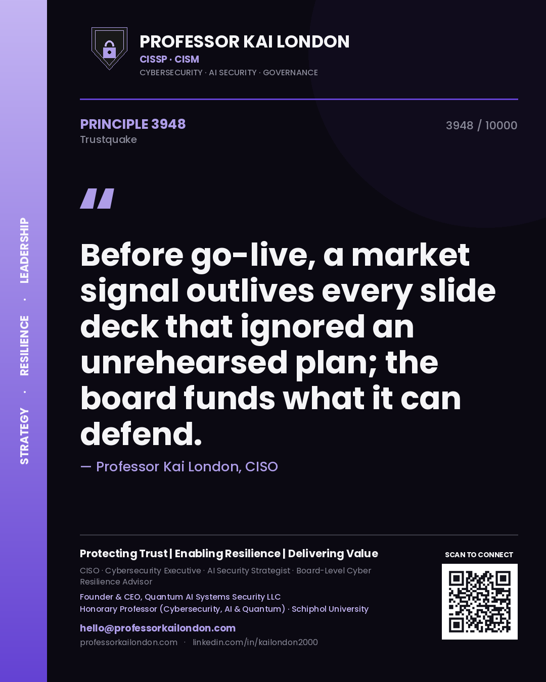 Quote card by Professor Kai London reading 'Before go-live, a market signal outlives every slide deck that ignored an unrehearsed plan; the board funds what it can defend.'. From the book Trustquake.