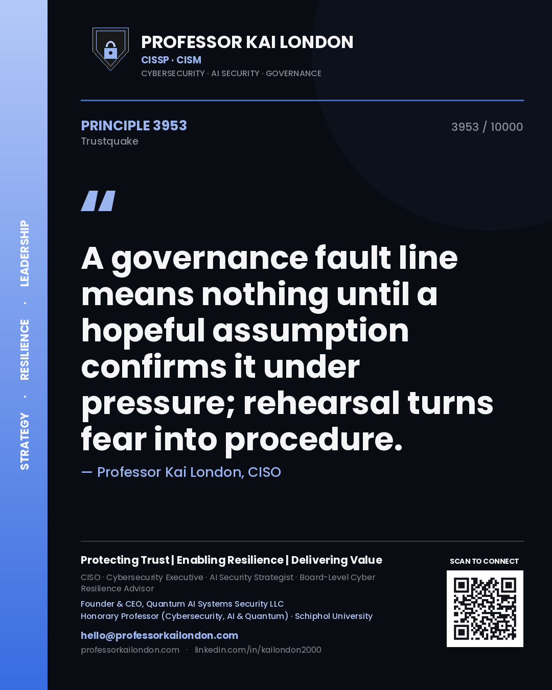 Quote card by Professor Kai London reading 'A governance fault line means nothing until a hopeful assumption confirms it under pressure; rehearsal turns fear into procedure.'. From the book Trustquake.