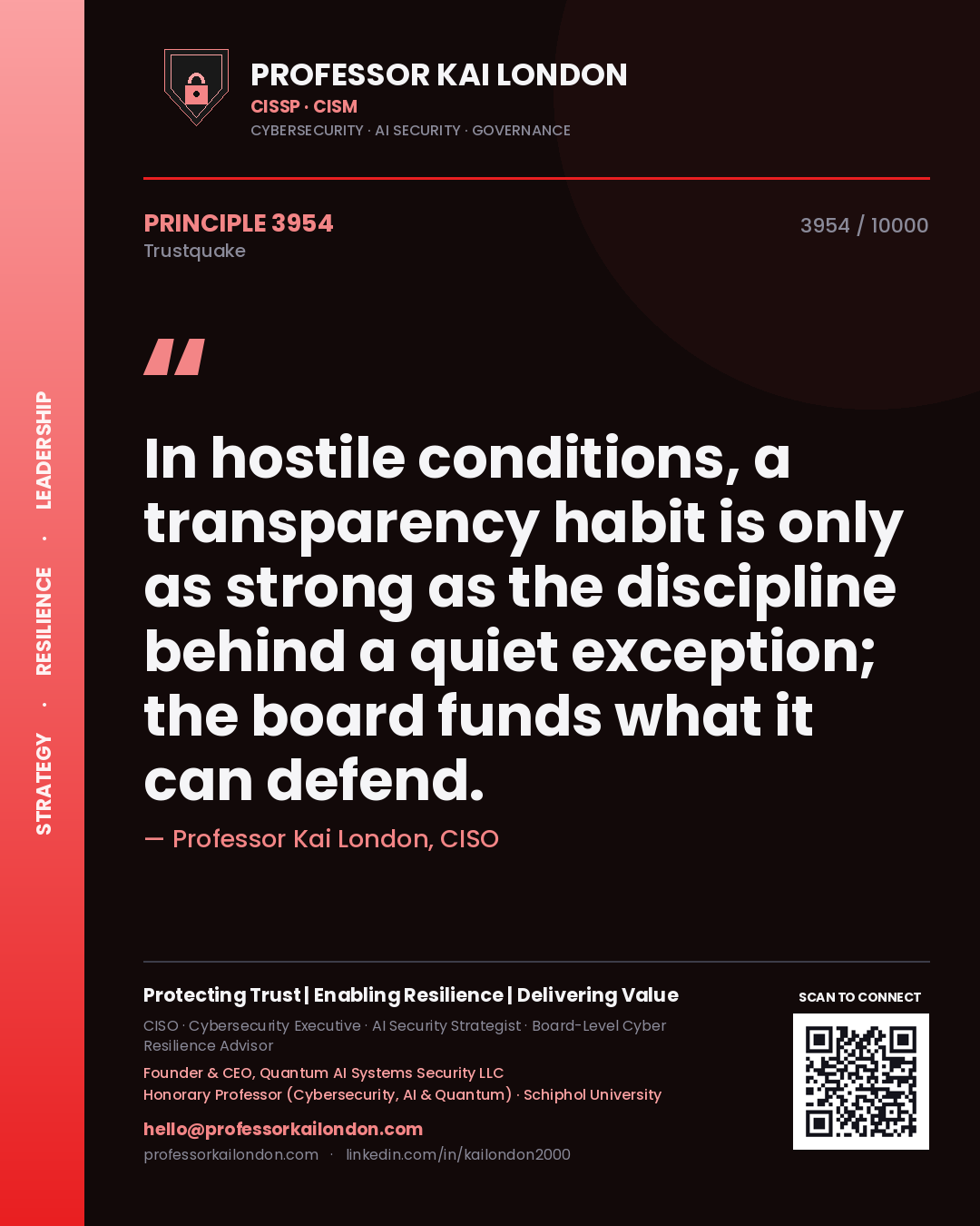Quote card by Professor Kai London reading 'In hostile conditions, a transparency habit is only as strong as the discipline behind a quiet exception; the board funds what it can defend.'. From the book Trustquake.