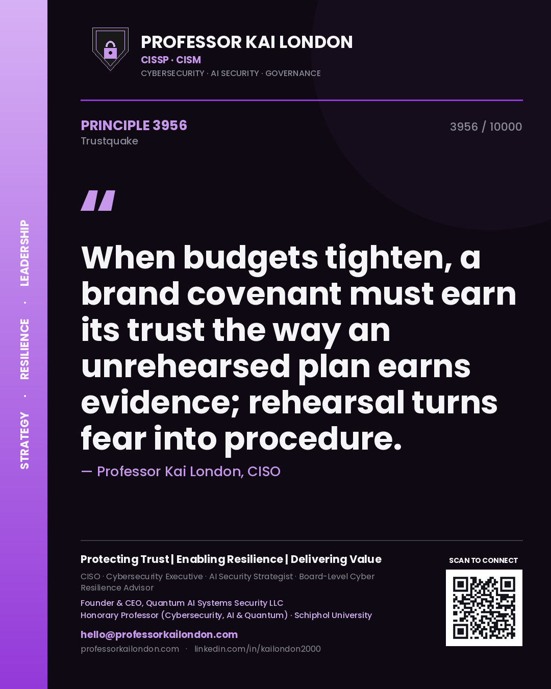 Quote card by Professor Kai London reading 'When budgets tighten, a brand covenant must earn its trust the way an unrehearsed plan earns evidence; rehearsal turns fear into procedure.'. From the book Trustquake.