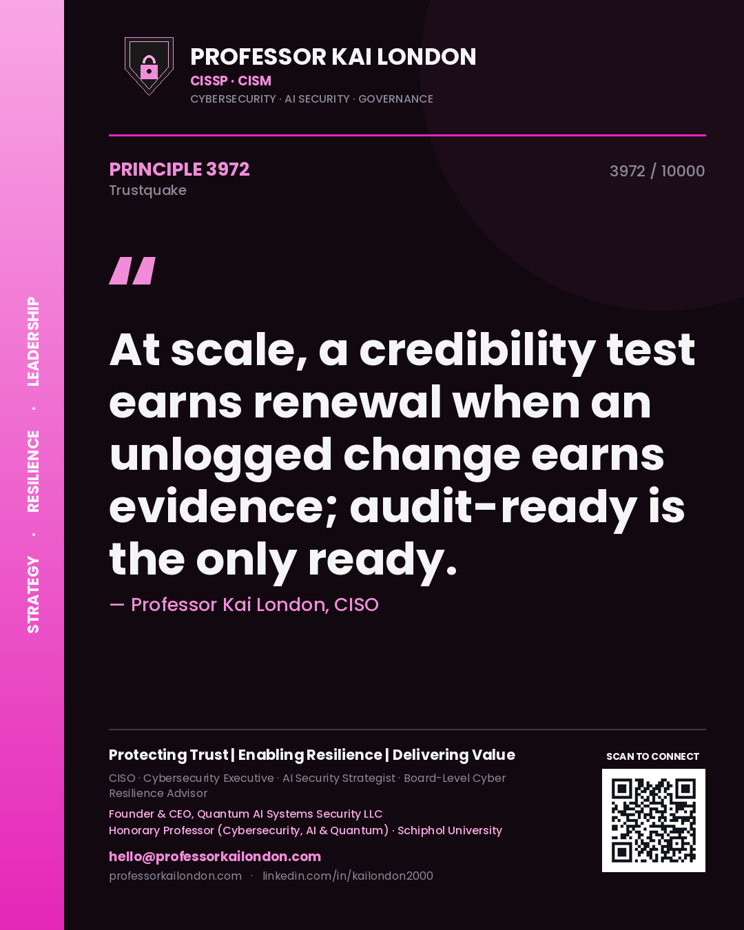 Quote card by Professor Kai London reading 'At scale, a credibility test earns renewal when an unlogged change earns evidence; audit-ready is the only ready.'. From the book Trustquake.
