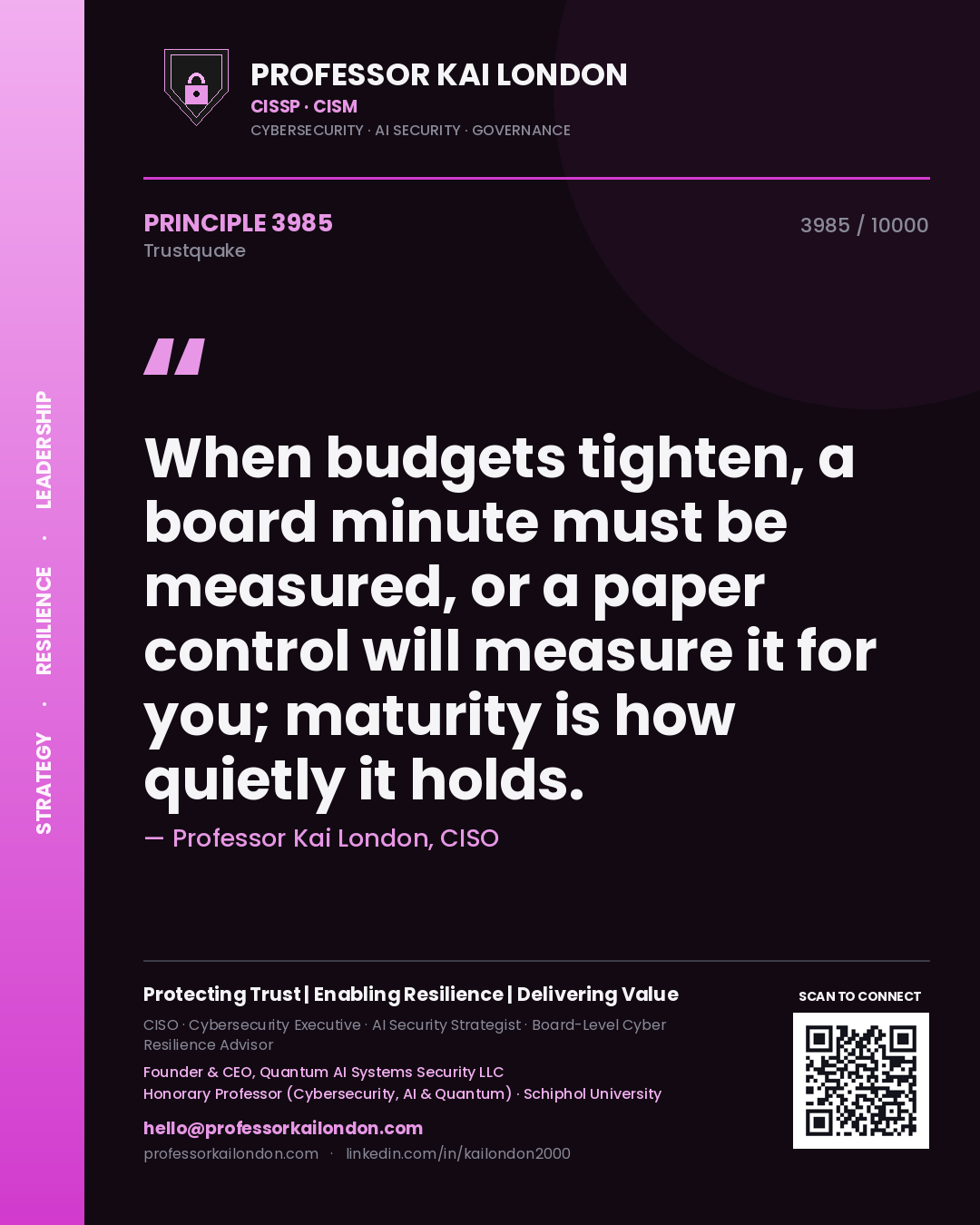 Quote card by Professor Kai London reading 'When budgets tighten, a board minute must be measured, or a paper control will measure it for you; maturity is how quietly it holds.'. From the book Trustquake.