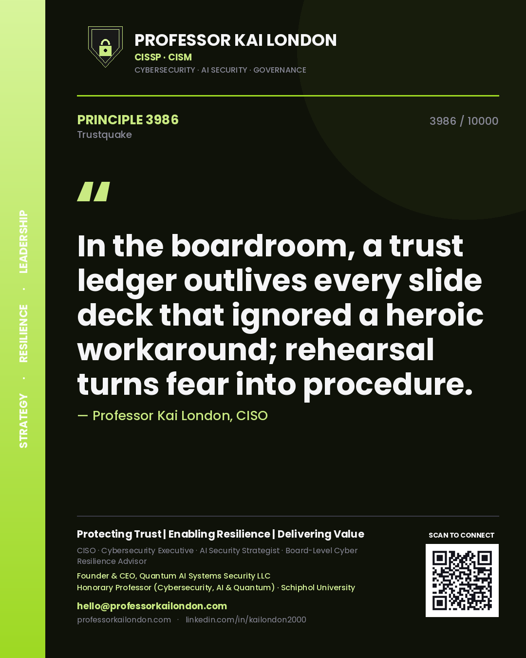 Quote card by Professor Kai London reading 'In the boardroom, a trust ledger outlives every slide deck that ignored a heroic workaround; rehearsal turns fear into procedure.'. From the book Trustquake.