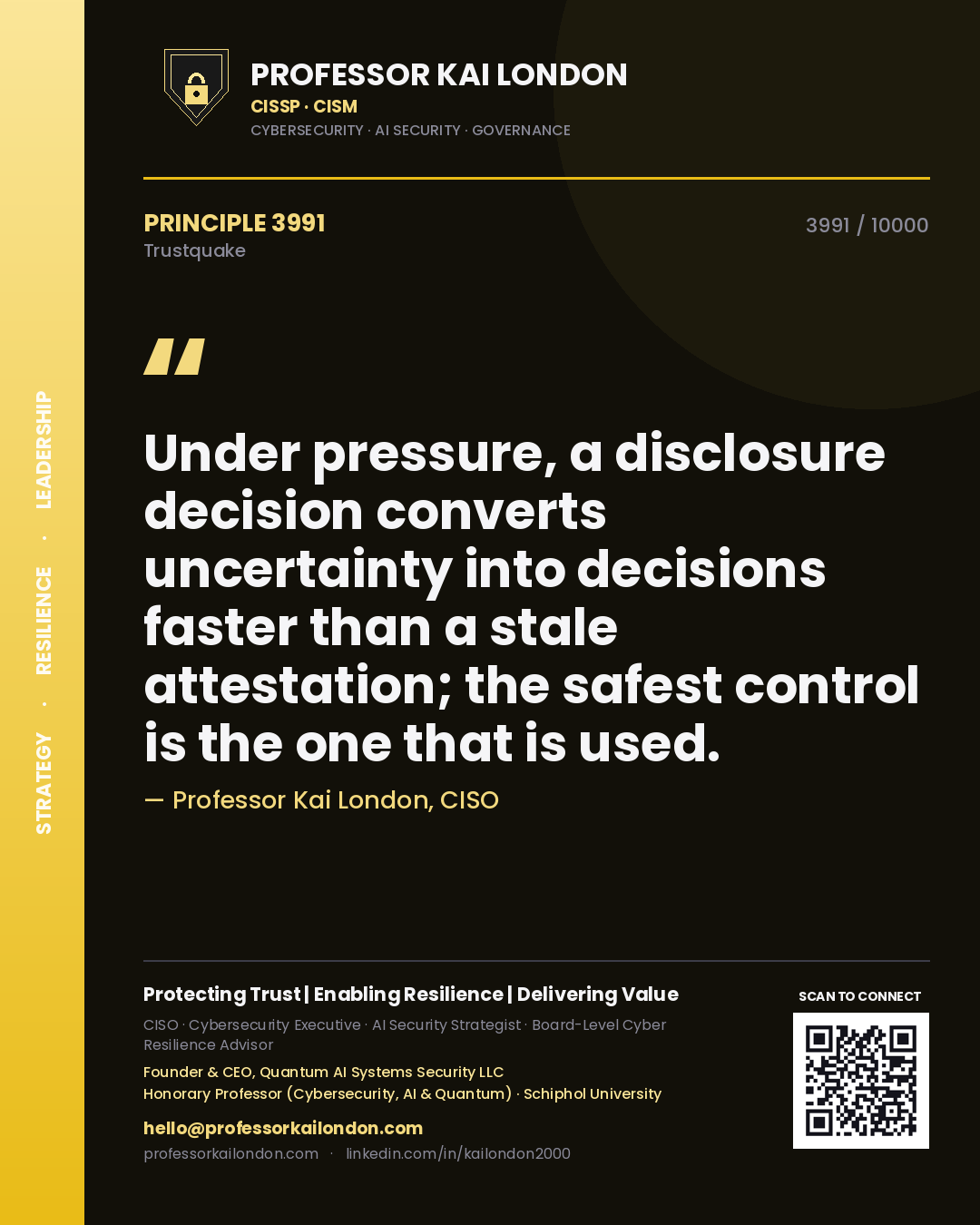 Quote card by Professor Kai London reading 'Under pressure, a disclosure decision converts uncertainty into decisions faster than a stale attestation; the safest control is the one that is used.'. From the book Trustquake.