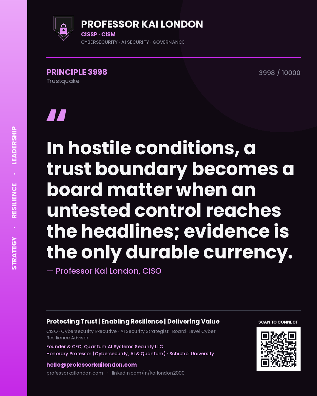 Quote card by Professor Kai London reading 'In hostile conditions, a trust boundary becomes a board matter when an untested control reaches the headlines; evidence is the only durable currency.'. From the book Trustquake.