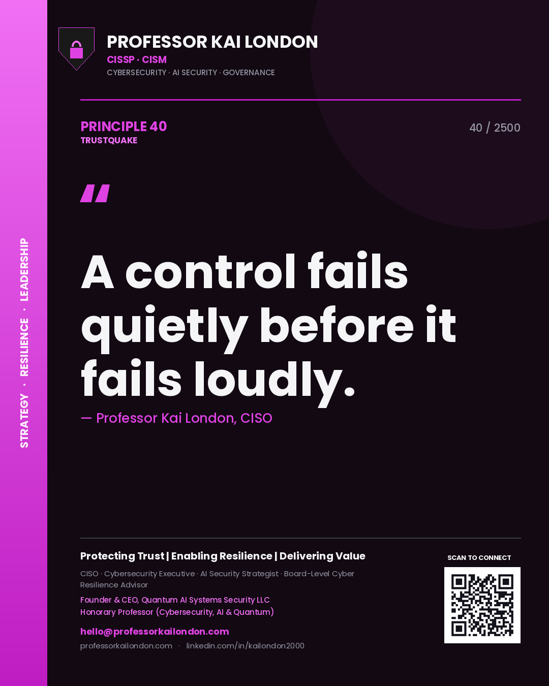 Quote card by Professor Kai London reading 'A control fails quietly before it fails loudly.'. From the book Trustquake.
