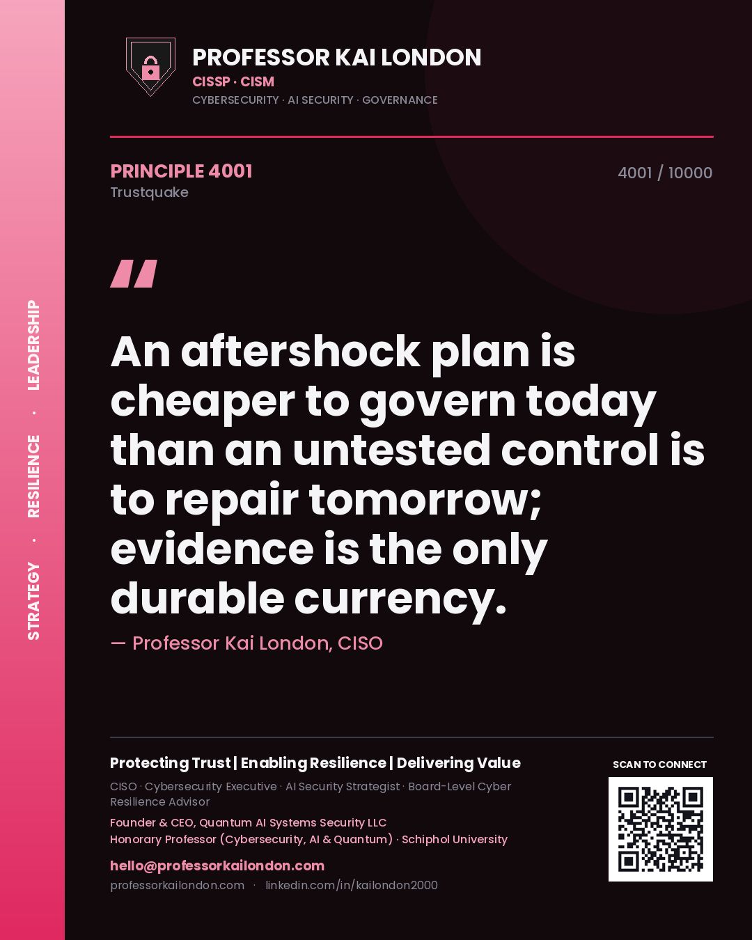 Professor Kai London principle 4001: An aftershock plan is cheaper to govern today than an untested control is to repair tomorrow; evidence is the only durable currency.