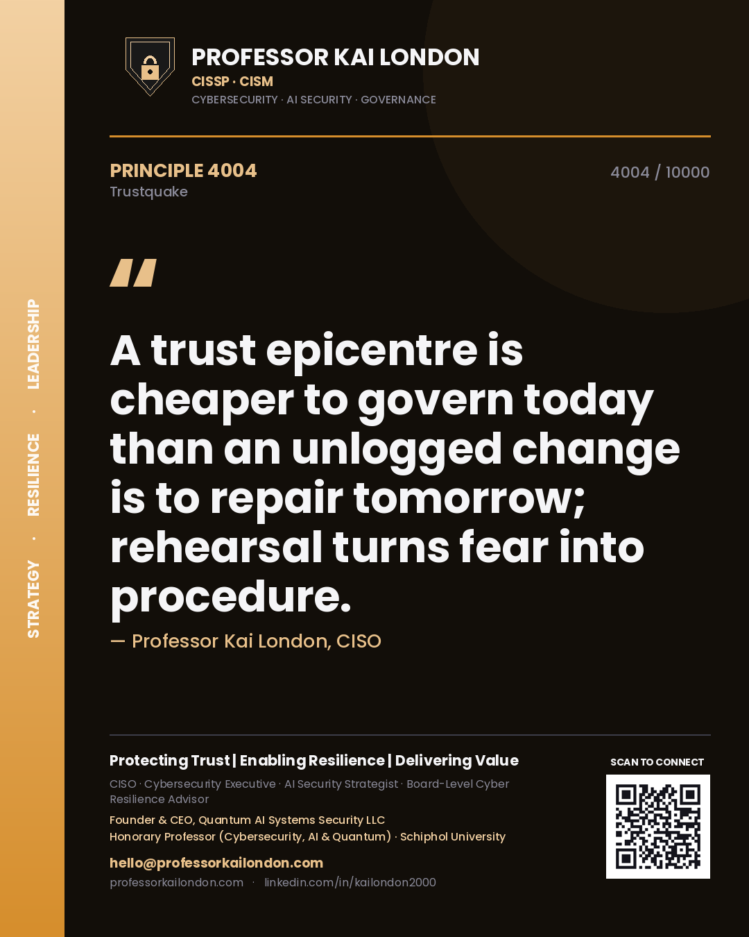 Professor Kai London principle 4004: A trust epicentre is cheaper to govern today than an unlogged change is to repair tomorrow; rehearsal turns fear into procedure.