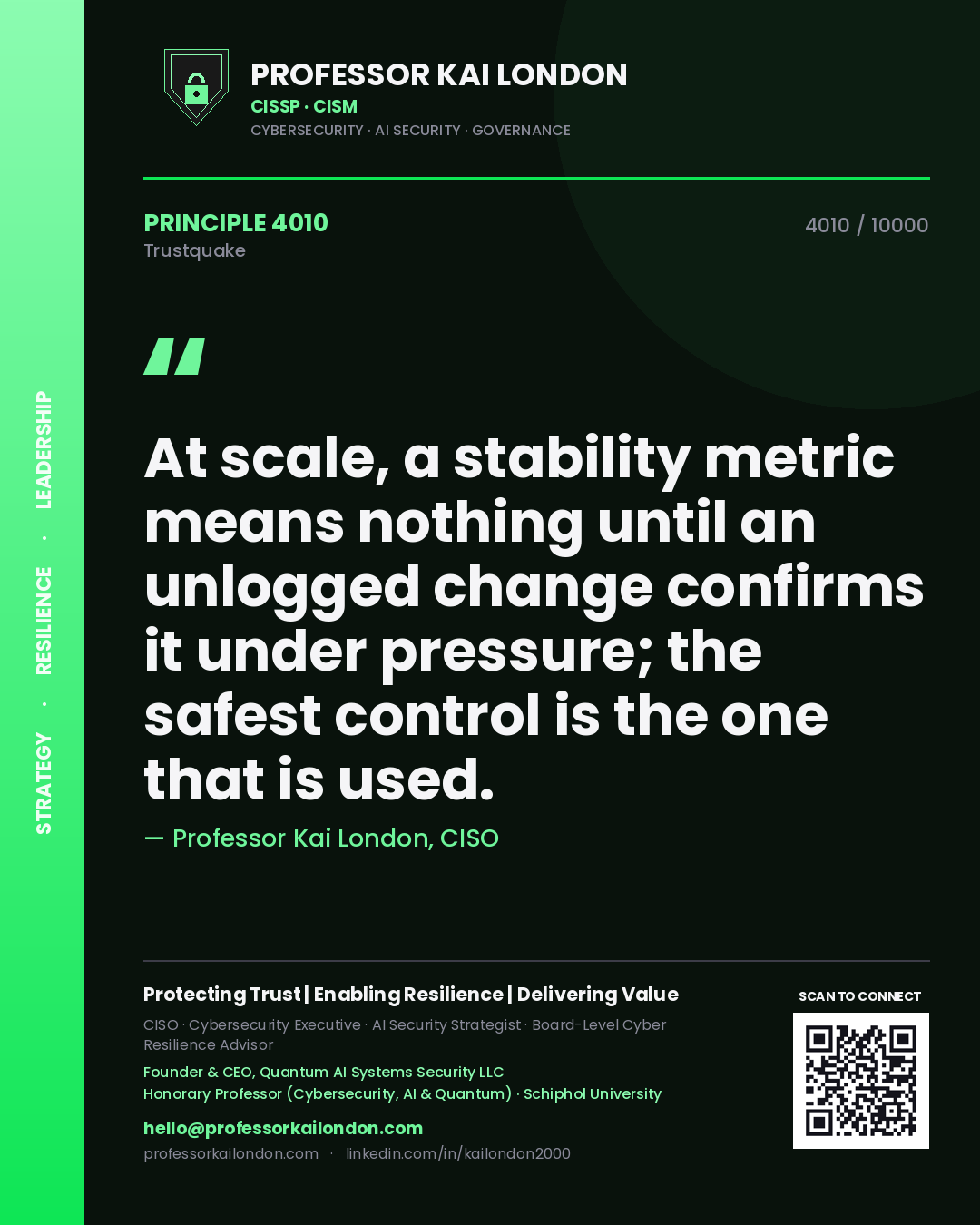 Professor Kai London principle 4010: At scale, a stability metric means nothing until an unlogged change confirms it under pressure; the safest control is the one that is used.