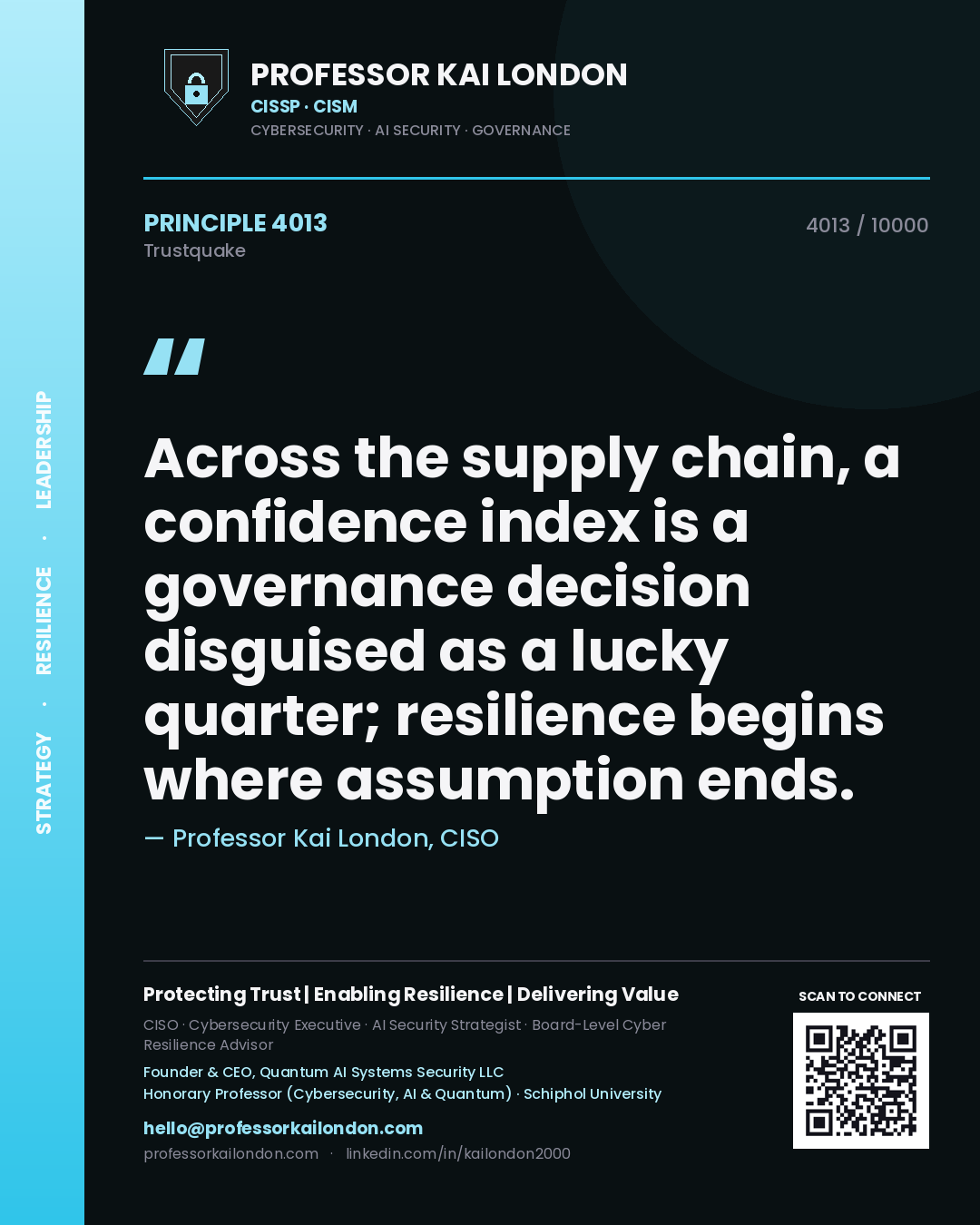 Quote card by Professor Kai London reading 'Across the supply chain, a confidence index is a governance decision disguised as a lucky quarter; resilience begins where assumption ends.'. From the book Trustquake.