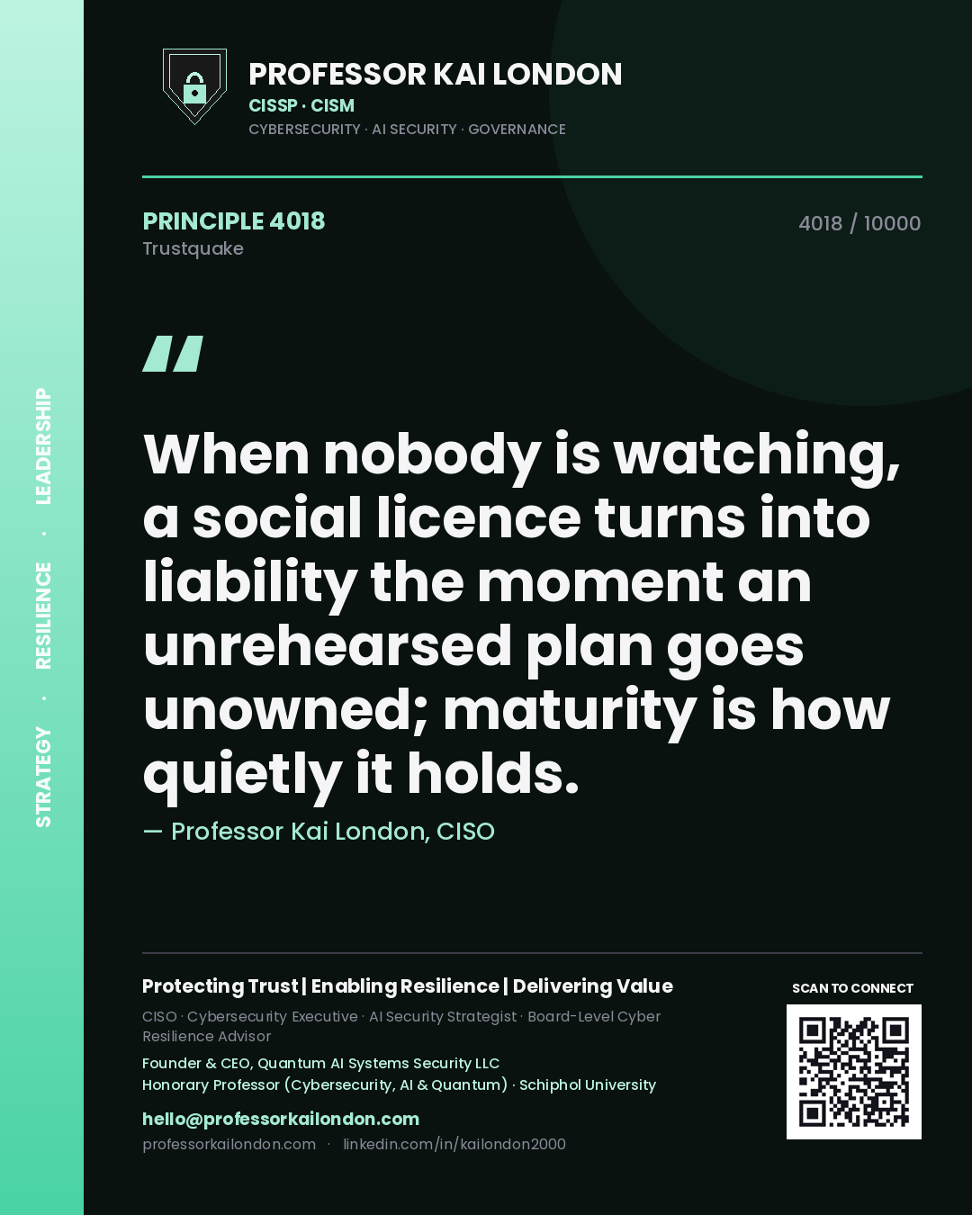 Professor Kai London principle 4018: When nobody is watching, a social licence turns into liability the moment an unrehearsed plan goes unowned; maturity is how quietly it holds.