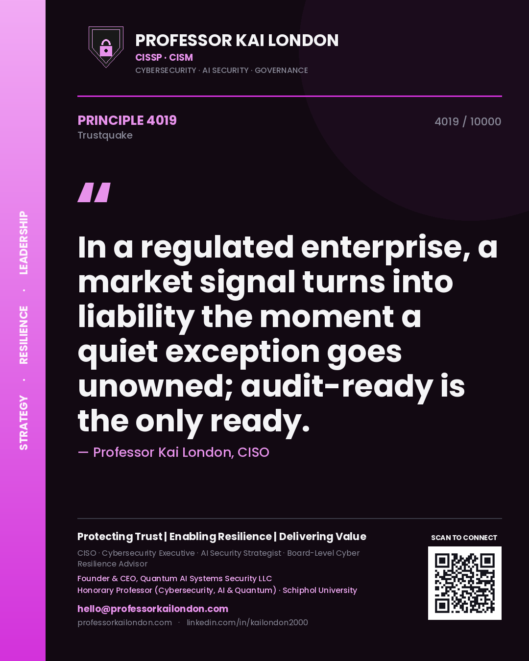 Professor Kai London principle 4019: In a regulated enterprise, a market signal turns into liability the moment a quiet exception goes unowned; audit-ready is the only ready.