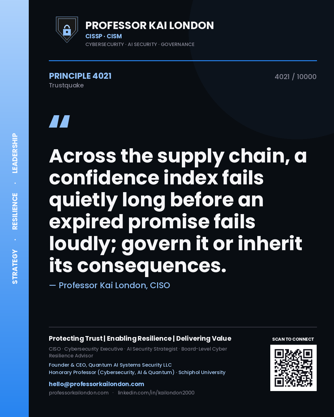 Quote card by Professor Kai London reading 'Across the supply chain, a confidence index fails quietly long before an expired promise fails loudly; govern it or inherit its consequences.'. From the book Trustquake.