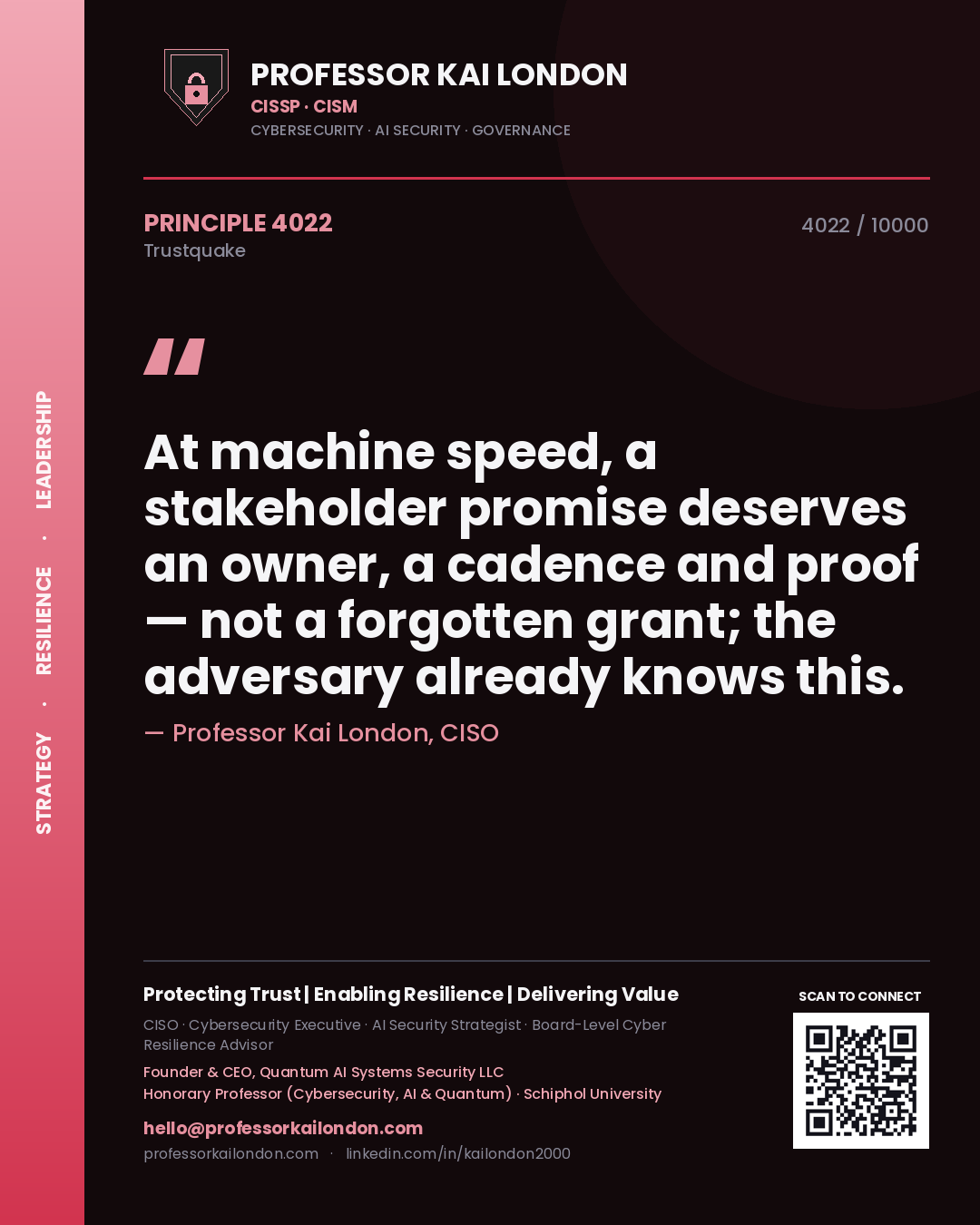 Professor Kai London principle 4022: At machine speed, a stakeholder promise deserves an owner, a cadence and proof — not a forgotten grant; the adversary already knows this.