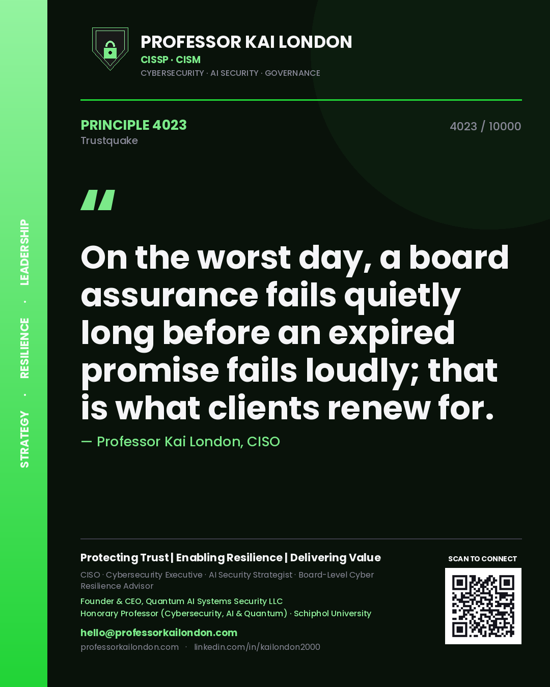 Quote card by Professor Kai London reading 'On the worst day, a board assurance fails quietly long before an expired promise fails loudly; that is what clients renew for.'. From the book Trustquake.
